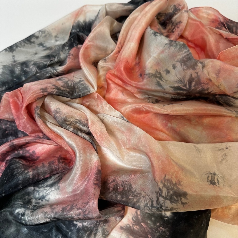 Large Hand-Dyed Silk Scarf Shawl 41x44 Coral Charcoal Artisan Wrap - Picture 2 of 4